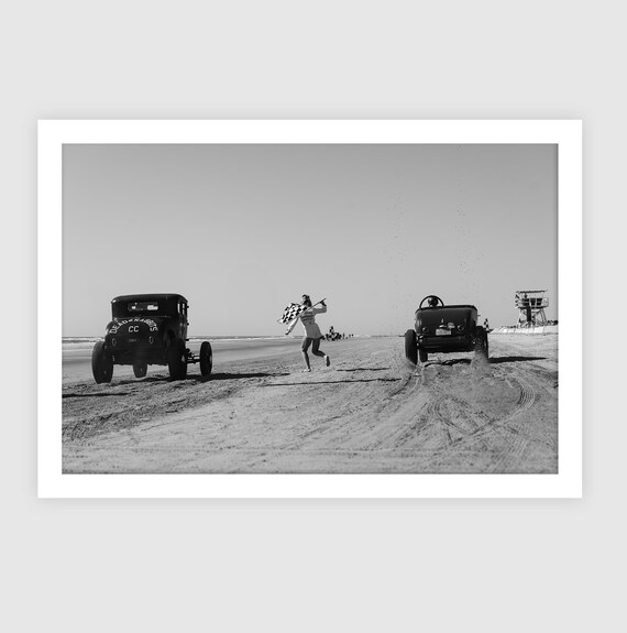 Fine Art Print - Black & White TROG Beach Race Print – Checkered Flag Girl, Hot Rod Wall Decor, Vintage Car Culture, Wildwood