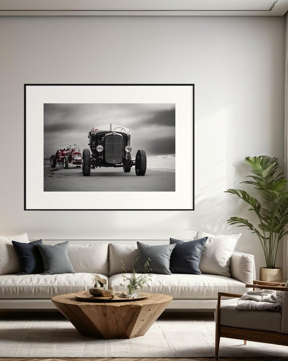 Fine Art Print - Vintage Hot Rod Beach Wall Art Print |  Black White Automotive Poster for Garage, Office Decor, housewarming gift for him
