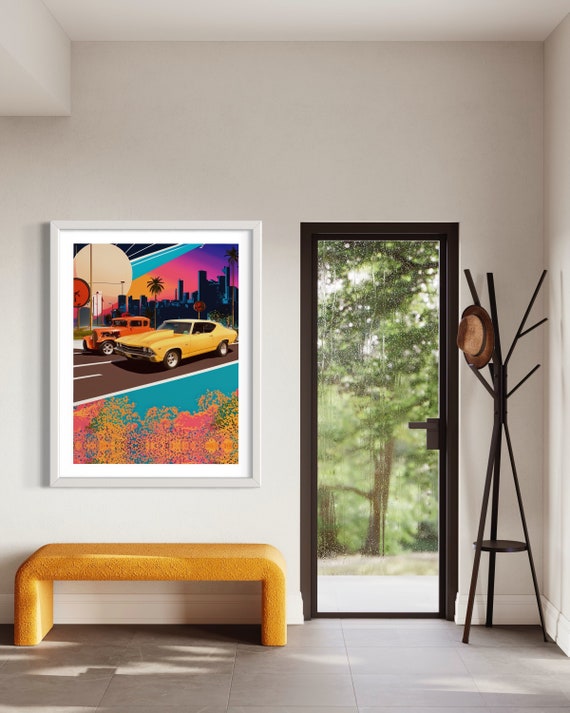Sunset Boulevard Vintage Car Poster - Retro 70s Muscle Car Wall Art - Colorful Urban Road Trip Decor Fine art Print