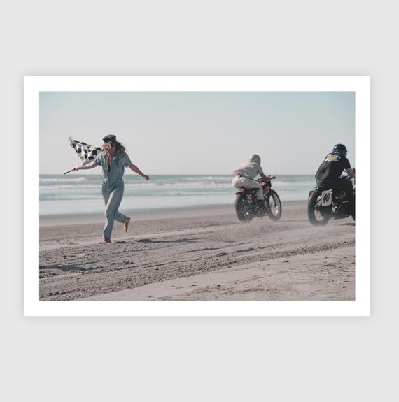 Fine Art Print, Vintage Flag Girl, Motorcycles Racing at start line, Beach Coastal Decor, TROG, Office Garage Decor, Biker, Pin Up Wall Art