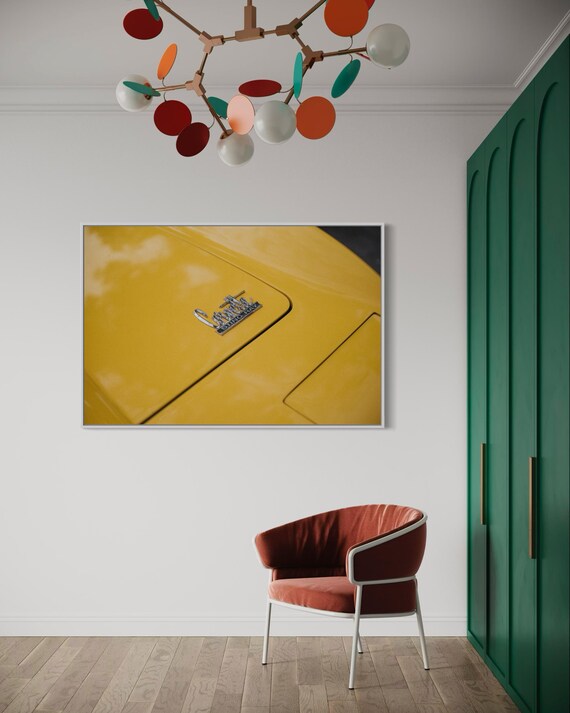 Classic Corvette Sting Ray Muscle Car Wall Art - Modern Yellow Energy Classic American Car Print - Minimalist Clean Sleek Decor Poster