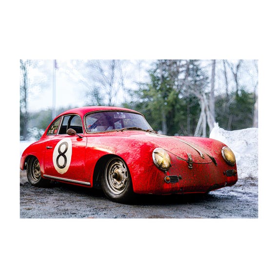 Fine Art Print - Red Porsche 356 in the Snow Wall Art | Vintage Porsche Print in the snow, Cabin Decor, gifts for him, unique gift for dad