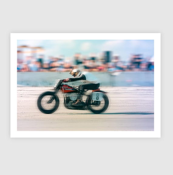 Fine Art Print - Vintage Motorcycle Drag Racing on Beach - Harley Davidson FlatHead, Vintage, Coastal art decor, biker gift, TROG