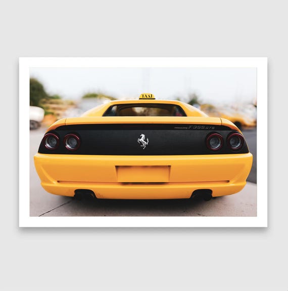 Fine Art Print - Ferrari F355 wall art, Yellow Taxi sign, luxury supercar decor for garage or office, modern automotive Poster, Gift