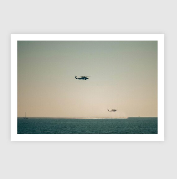 Fine Art Print - Helicopter Mission over Ocean Sail Boat, Navy Military Marines, Coastal Decor,  San Diego Coronado Wall Art, Veterans