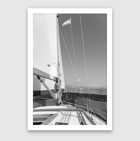 Sailboat Ocean Black and White Wall Art -  Minimalist Nautical Original Print for Coastal Decor - Genuine Artwork - Modern Monochrome