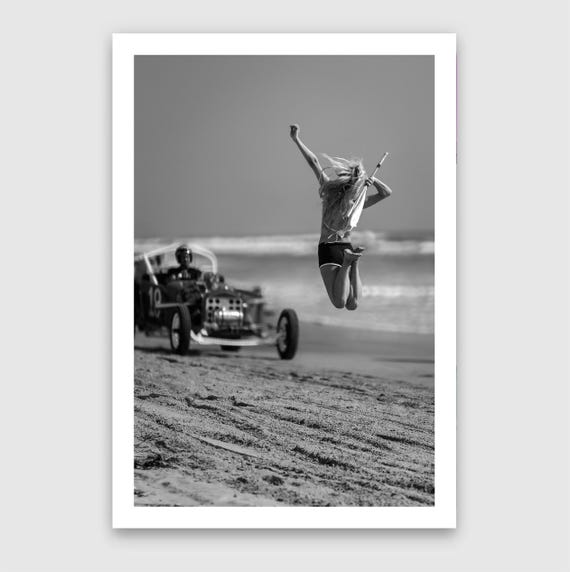 Fine Art Print - Black White Beach Flag Girl Photo Vintage Hot Rod TROG Wall Art- TROG - Pin Up Girl, Monochrome Poster, Wildwood Decor