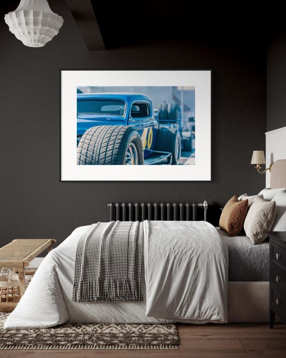 Fine Art Hoozier Wheels Hot Rod Photography Print – Blue Drag Racing Car Wall Art – Classic Muscle Car Garage Decor for man Cave, bar Poster