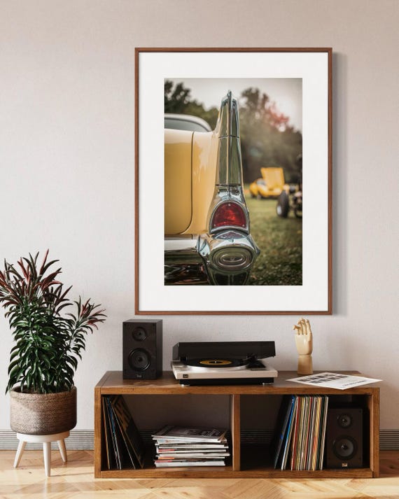 Vintage 1957 Cadillac Tailfin Fine Art Print | Yellow Classic American Car Poster | Retro Automotive Wall Decor, Cuban Auto Enthusiasts