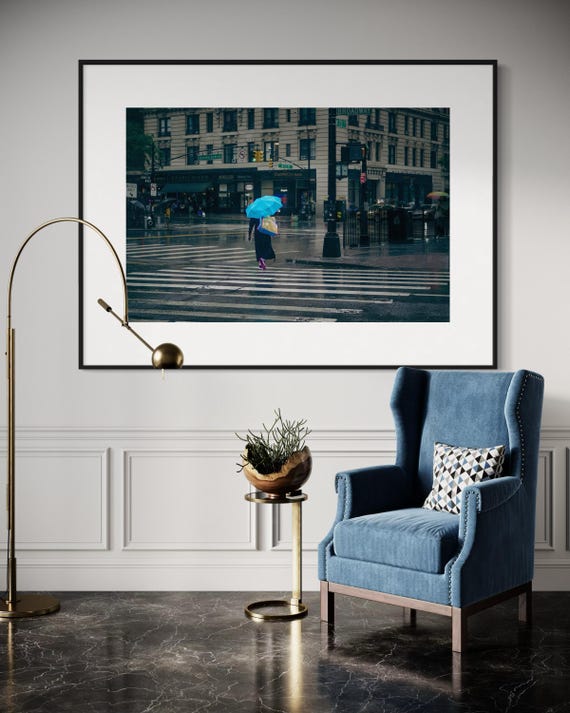 Fine Art Print - Rainy Day on Broadway Ave - Blue Umbrella Upper Westside - New York City Modern Art Deco Decor for Living Room and Bedroom