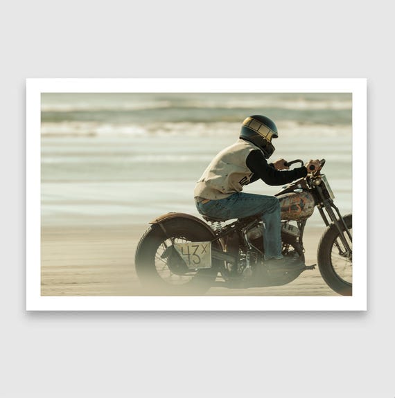 Fine Art Print - Biker Racing on Beach - Vintage Motorcycle– TROG Racing Photography Wall Decor - Harley Davidson