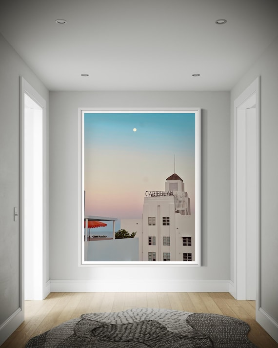 Fine Art print - Miami Art Deco with moon and sunset sky Wall Art, Caribbean, for coastal modern decor, minimalist wall art, South Beach