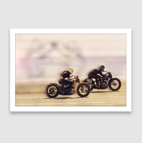Fine Art Print - Vintage Motorcycle Beach Drag Race Photo, Speed Bikers Motion Blur Wall Art, Garage Decor, Harley Davidson, trog