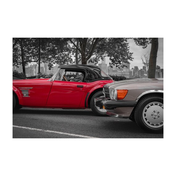 Mercedes 107 SL & MG A Roadster Fine Art Print - NYC Skyline 80s Style