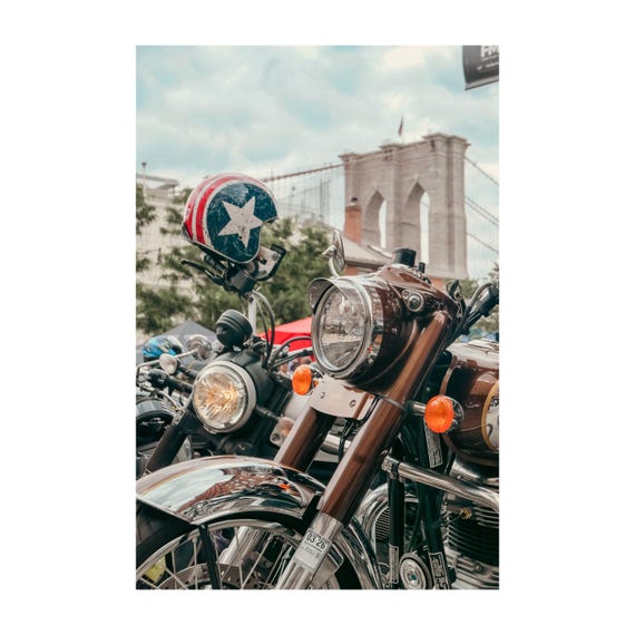 Fine Art Print - Royal Enfield x Brooklyn Bridge | Cafe Racer British Americana Motorcycle Wall Art by Gil Stunner, New York City Bar Decor