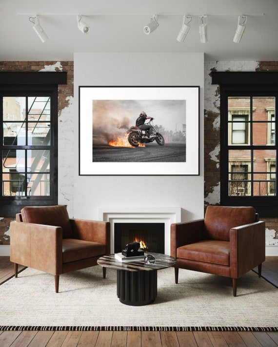 Fine Art Print - Motorcycle Stunt Fire Burnout Wall Art, Bold Harley Davidson Dyna Poster for Office, Garage, Workshop, Bar, Man Cave Decor