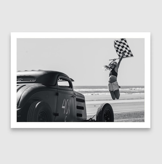 Fine Art Print - Vintage Hot Rod and Flag Girl Race Start – Black White Beach Racing Photo - Monochrome TROG Wall Decor