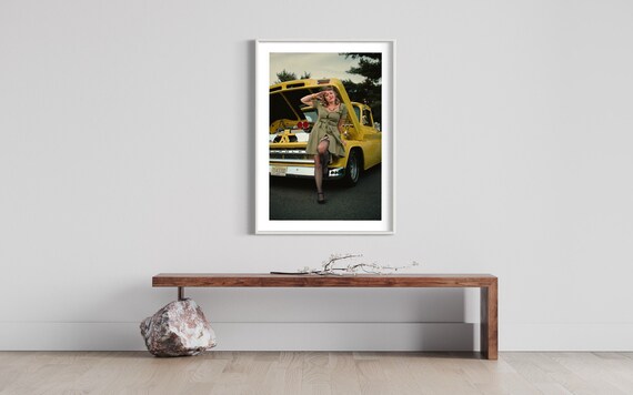 Personalized Art for Wall Decor - Pin Up Army Dressed Lady & Yellow Hotrod Chevy Truck Photography Prints - Dimensional Custom Wall Art