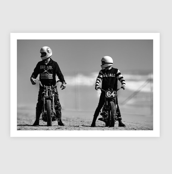 Fine Art Print - Vintage Motorcycle Racers Wall Art, TROG Harley Davidson Beach Race Poster, Black  White Decor, Garage, Man Cave, Gift