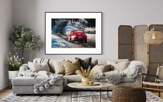 Fine Art print – Porsche 356 in the snow,  Winter Rally Wall Art, Vintage Classic Car Poster, Cabin Decor, Ski Snow Mountain, Man Cave, Gift