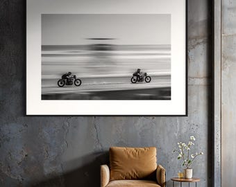 Vintage Beach Drag Racing Photo Print – Harley Davidson Motorcycles, Black and White Wall Art