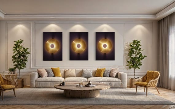 Golden Aura Wall Art Series - Set of 3 Minimalist Light Circle Print for Modern Home Decor