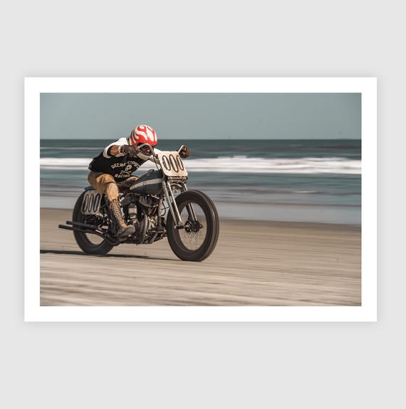 Fine Art Print - Vintage Biker Racer on the Beach, TROG, Wildwood, Motorcycle biker, Harley Davidson, housewarming gift, garage, man cave
