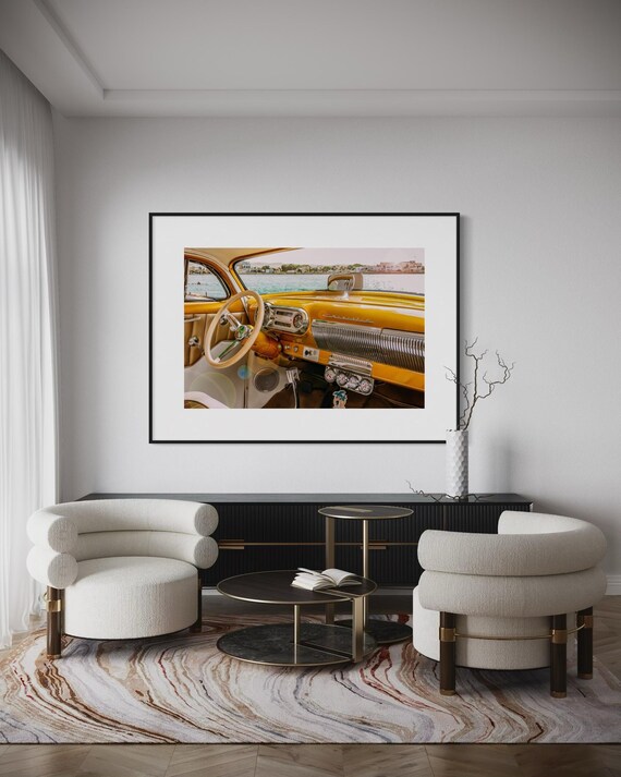 Fine Art Print - Vintage Yellow Chevrolet Bel Air Interior  Art Print, Cuba by the Water, Retro Car Art for Classic Cuban Auto Enthusiasts