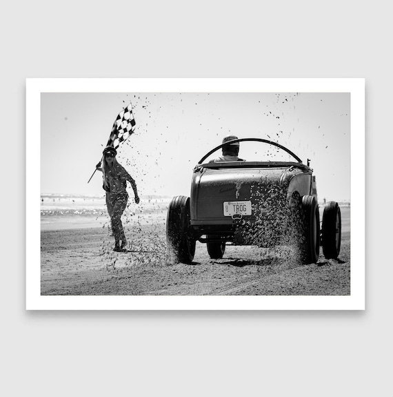 Fine Art Print - Black White Vintage Hot Rod and Flag Girl Race Start – Beach Racing Photo - Monochrome TROG Wall Decor