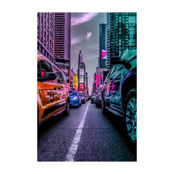 Fine Art Print - Times Square Neon City - New York City Wall Art Print, Yellow Taxi, Art Deco, housewarming gift, decor ideas, home decor
