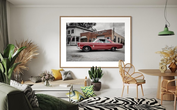Fine Art Print - 1965 Mercury Monterey at Round Hill Service Station, Vintage Red Classic Car, Americana Home Decor, Gift for car collectors
