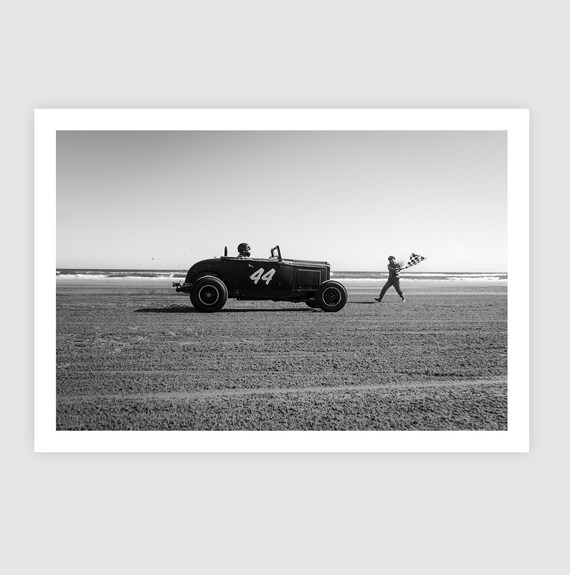 Fine Art Print - Hot Rod Beach Race Start x Flag Girl, 44,  TROG, Black and White Wall Art, Racing Decor for Man Cave, Triptych 1 of 3