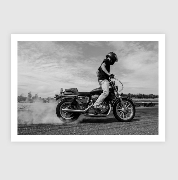 Motorcycle Burnout Fine Art Print: Black and White Biker Decor