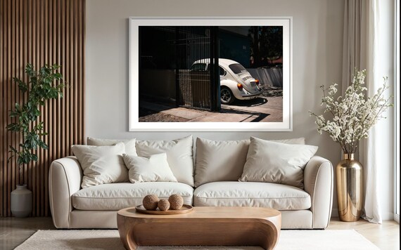 Fine Art Print - Classic VW Beetle Bug Car Wall Art, Behind the Gate, Vintage Garage Decor,  Automotive Art for Office, Car Collectors Gift