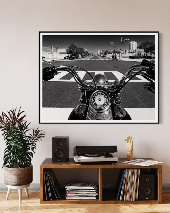 Fine Art Print Monochrome Motorcycle Handlebar Close-Up, Harley Davidson Art Print Decor for Home or Garage Custom motorcycle wall art
