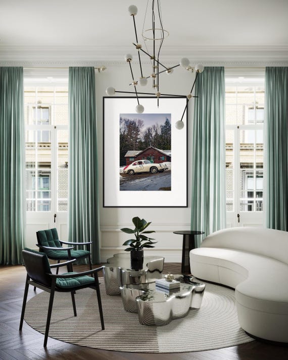 Fine Art Print - Porsche 356 by the Snow Cabin - Race Car Poster - Vintage Cabin Decor, Vacation house, housewarming gift, winter decor