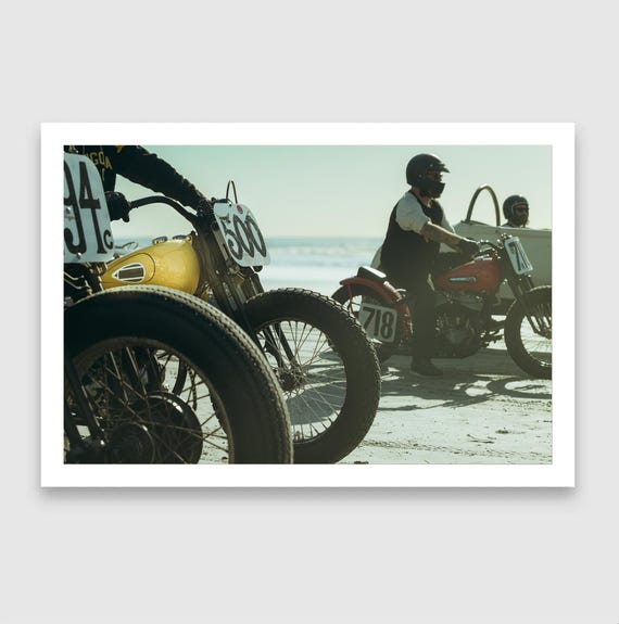 Motorcycle Line-Up at TROG | Vintage Beach Racing Print | Custom Number Plates & Classic Bikes | Hot Rod Culture Wall Art