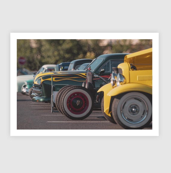 Fine Art Print - Hot Rod Lineup Photo Print, Custom Cars with Flame Paint, Classic Car Show Wall Art, Vintage Auto Photography, Garage Decor
