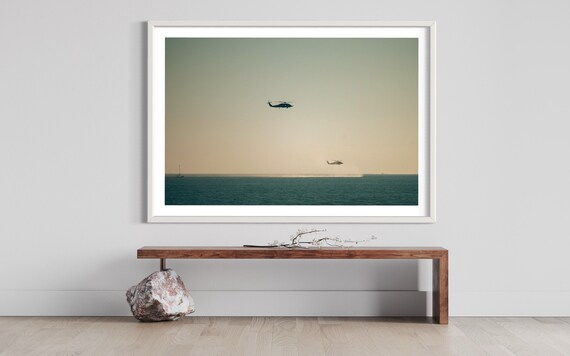 Fine Art Print - Helicopter Duo Mission over Ocean - Navy Military Aerial - Vintage- Coastal Decor - San Diego Coronado - Photo Wall Art
