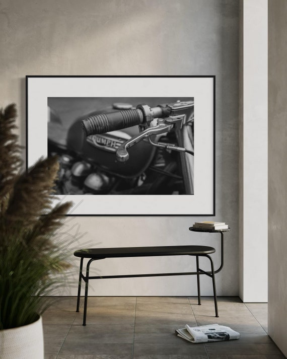 Fine Art Monochrome Triumph Bonneville Motorcycle Handlebar Close-Up, Retro Bike Art Print Decor for Home or Garage - Steve McQueen inspired