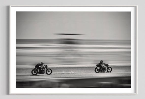 Fine Art Monochrome Adrenaline: Motorcycles Drag Racing on Beach - Exclusive Shot from The Race of Gentlemen TROG Retro Photo Poster Print