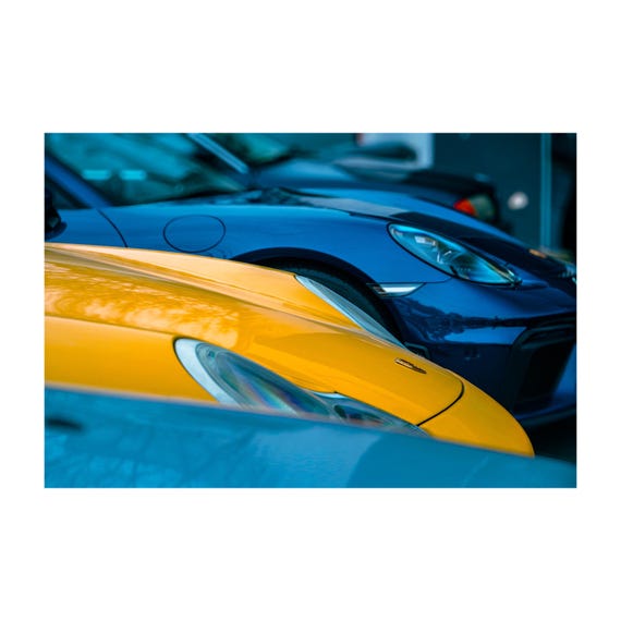 Fine Art Print - Yellow Blue Porsche 911 Wall Art, Colorful Carrera Lineup, Automotive Decor, Cayman, Boxster, Office Decor Gift for Car Guy