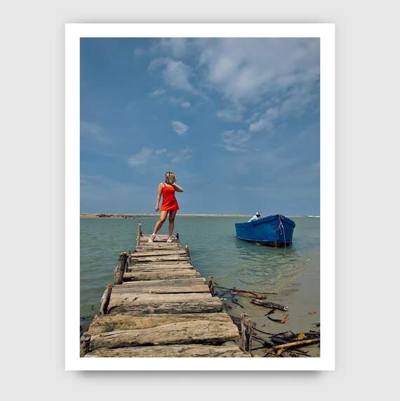Fine Art Print - Red Dress by the Pier, Coastal Beach House Wall Art, Blue Boat, Coastal Decor - Banksy Art Inspired
