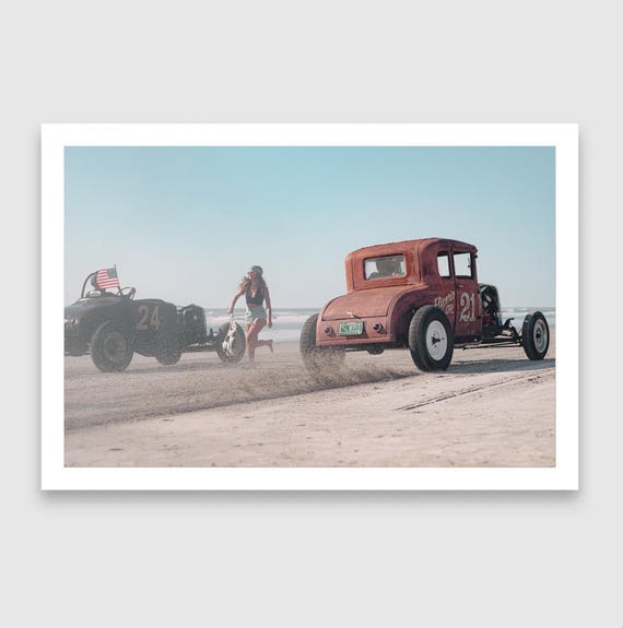 Fine Art Print - Coastal Hot Rod and Flag Girl Race – TROG Vintage Beach Racing Photo - Wall Decor