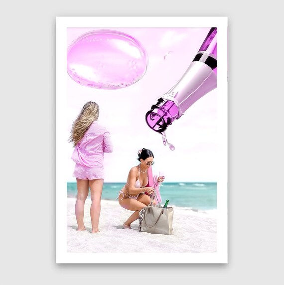 Fine Art Print - Champagne Bubbles Beach Girl Problems Pink Wall Art, Cocktail Print, Bar Cart Decor, Pink Decor, Gil Stunner