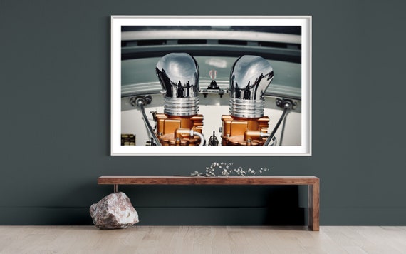 Carburetor Chrome Pipes Emergence - Bronze Orange Base on White Car Backdrop Minimalist Photo Print