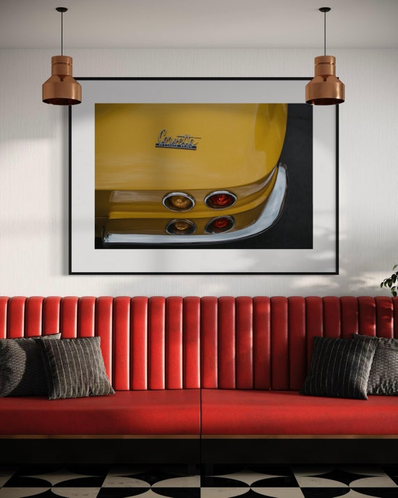 Fine Art Modern Vintage Corvette Sting Ray Wall Art - Yellow Energy Classic Car Photography Print - Minimalist Clean Sleek Decor Poster