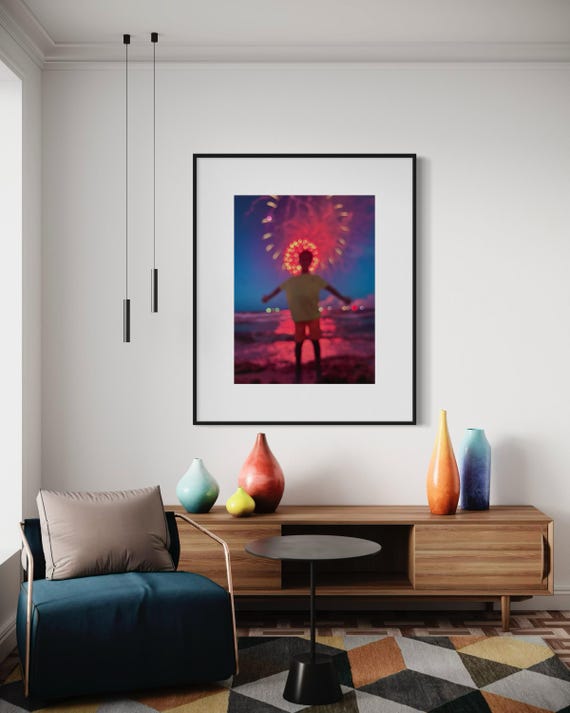 Fine Art Print - Colorful Fireworks Beach Art Print, Vibrant Night Sky Celebration Wall Art, Wall Decor, Art Deco, Boho, Gift Ideas Poster