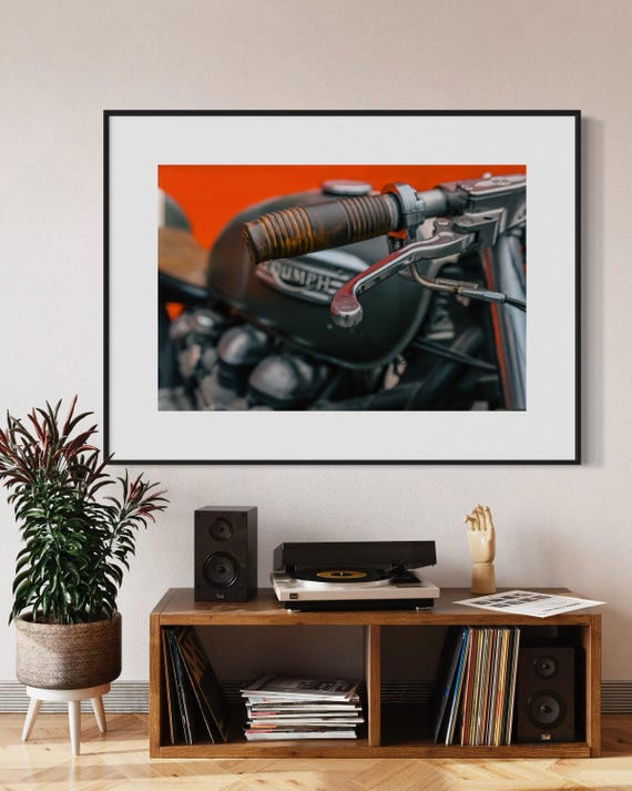 Fine Art print - Vintage Triumph Motorcycle Handlebar Close-Up, Retro Bike Art Print, Classic Motorcycle Decor for Home or Garage