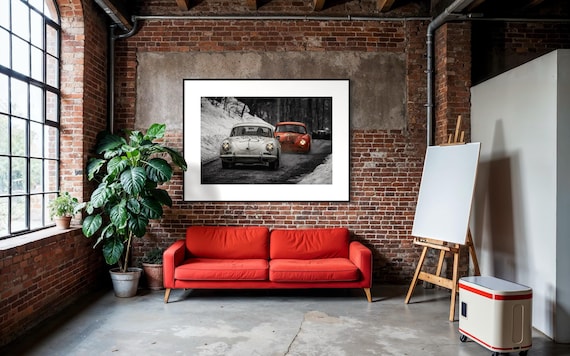 Fine Art Print, Vintage Rally Porsche 356 winter race, giclée, snow motorsport wall art, classic car collector decor, Cabin, garage, office